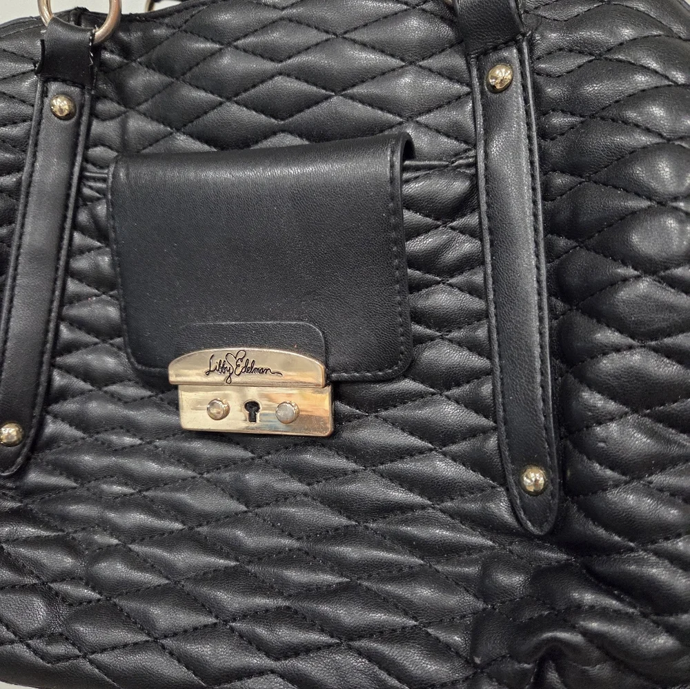 LIBBY EDELMAN BLACK QUILTED FAUX LEATHER SATCHEL